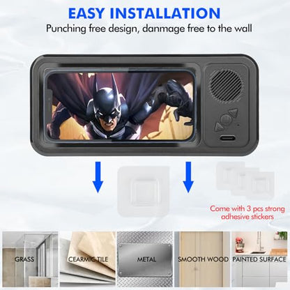 Shower Phone Holder with Wireless Bluetooth Speaker, Waterproof 480 Rotation Viewable Shower Phone Stand Case Mount Speakers for Bathroom Wall Mirro for 4"- 6.8" Cell Phones ,Gift for Mom(Black) - color: Black