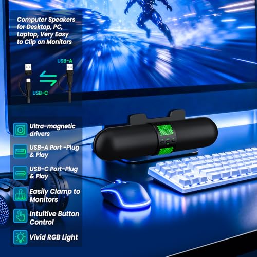 BESTISAN Computer Speaker, Bluetooth 5.3/Wired USB A/C Connection, 6 RGB Light Modes, Gaming Soundbar for PC/Laptop/Desktop, USB A/C Adapter, Easily Clamps to Monitor, Convenient Button Controls