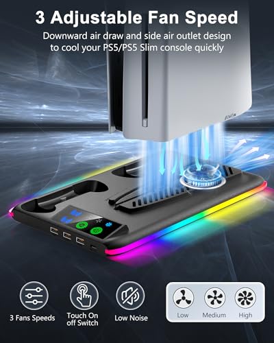 Honghao Controller Charger for PS5/PS5 Slim/Pro: PS5 Cooling Fan and Controller Charger Station, PS5/PS5 Slim Stand Accessories Vertical Charging Dock Stand for PlayStation 5 (Black) - color: Black