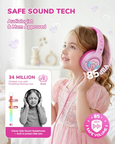 iClever C371 아동용 헤드폰 코드 포함, 남학생 여아 여행 선물 | SafeSound Tech3.0, 스테레오 사운드, 3.5mm 잭, 접이식, 내구성 있는 헤드밴드, 아동용 안전 유선 헤드폰, 마카롱 핑크 - color: A-마카롱 핑크