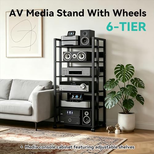 6-Tier AV Media Stand with Wheels, Audio Rack Cabinet | Heavy Duty Adjustable Metal Stereo Cabinet,Home Theater Component Cabinet for Record Player, DVD Player, Streaming Devices