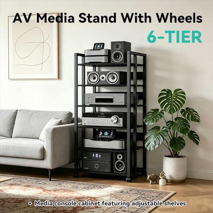 6-Tier AV Media Stand with Wheels, Audio Rack Cabinet | Heavy Duty Adjustable Metal Stereo Cabinet,Home Theater Component Cabinet for Record Player, DVD Player, Streaming Devices