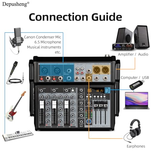 Depusheng Professional Audio Mixer, 4 Channel Audio Interface Sound Board Mixing Console System, 16-Bit DSP DJ Bluetooth Mixer +48V Phantom Effect For Karaoke Studio Streaming Recording (XT4)