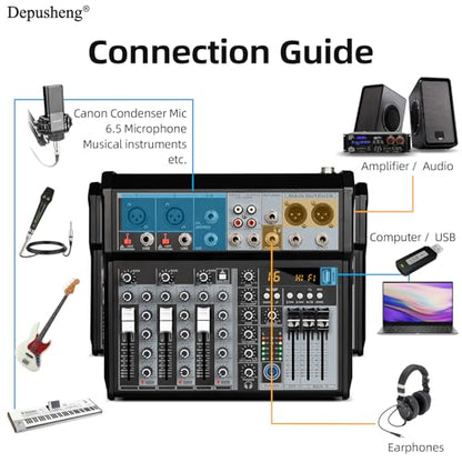 Depusheng Professional Audio Mixer, 4 Channel Audio Interface Sound Board Mixing Console System, 16-Bit DSP DJ Bluetooth Mixer +48V Phantom Effect For Karaoke Studio Streaming Recording (XT4)