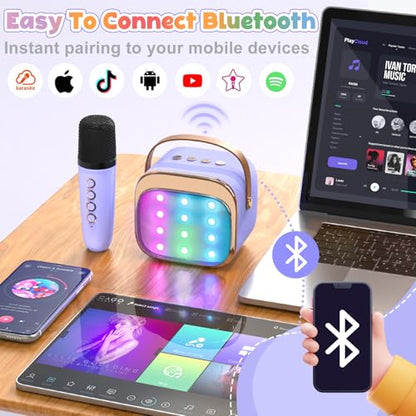 FLUESTON Mini Karaoke Machine for Kids Adults, Portable Bluetooth Speaker with Wireless Microphone, Birthday Kids Gifts Toys for Girls Ages 3, 4, 5, 6, 7, 8, 9,10,11,12+ Years Old - color: Purple 1 Mic