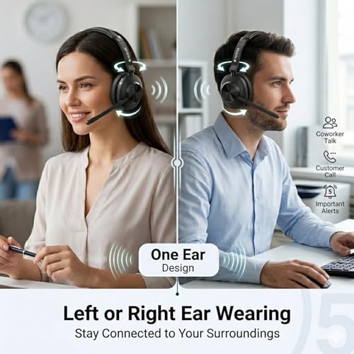 Voistek Wireless Headset with Mic for Work, Mono Bluetooth Computer Headset with USB Dongle, Noise Cancelling Mic, Mute Button, Wireless Business Headset for Zoom, Teams, Call Center, Home Office - color: Deep Black