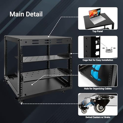 Upgraded 10U Server Rack with 4 Swivel Casters & 2 Shelves | Wall-Mountable & Freestanding Open Frame Network Rack for Computer/Data/IT/Stereo Equipment, 19.7”L x 18.8”W x 23.4”H - size: 10U