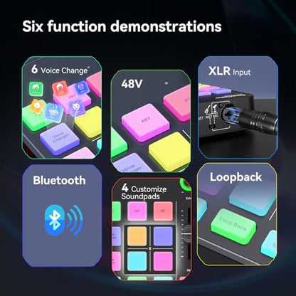OneOdio Solocaster Gaming Audio Mixer, 5-Channel Interface, 48V XLR | Bluetooth, RGB lighting, USB-C and 3.5mm inputs for beginner streaming, podcasting, karaoke and PC, Mac or mobile use