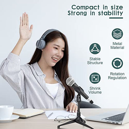 3 Pack Desktop Mic Stand Portable Foldable Tripod with Mic Clip Holder Adjustable Height Tabletop Microphone Stand 5/8 Inch Male to 3/8 Inch for Dynamic Recording Podcast
