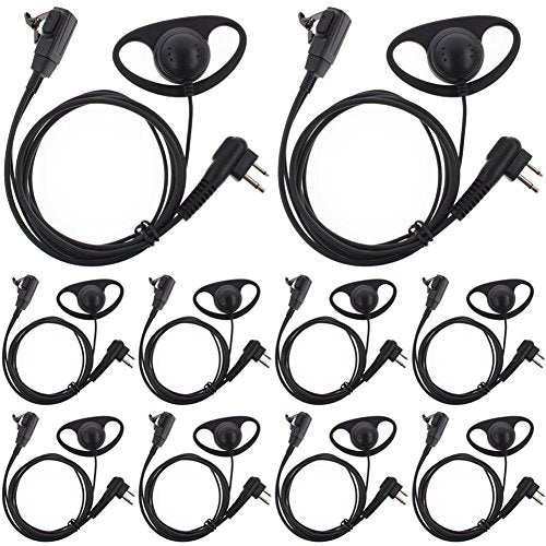 TENQ® D Shape Earpiece Headset PTT for Two Way Radio Walkie Talkie 2 Pin Motorola (10 Packs)