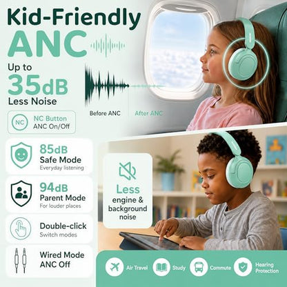MIDOLA Kids Bluetooth Headphones Wireless,ANC,68H,Safe Volume Limit 85/94dB | Adjustable Headband Foldable Over-Ear for Toddler Girls Boys Tablet/iPad,HD Stereo,Built-in Mic,Green - color: Mint Green