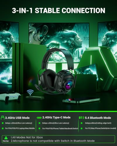 Krysenix 2.4 GHz Wireless Gaming Headset for PC, PS5, PS4, Switch - Black | Bluetooth 5.4 Gaming Headphones with Noise Canceling Microphone, Cool RGB Lighting,1200 mAh Battery, Foldable, 50mm Drivers - color: Black