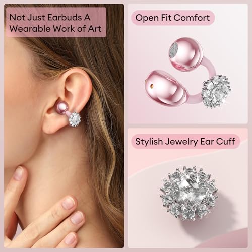 PAXA Stylish Open Ear Clip On Earbuds with Removable Diamond Earring, Clip On Headphones with LCD Touch Screen, Fashionables Open Ear Headphones for Women, Diamond Earring Rose Gold Earbuds M100 - color: Diamond Earring - Rose Gold