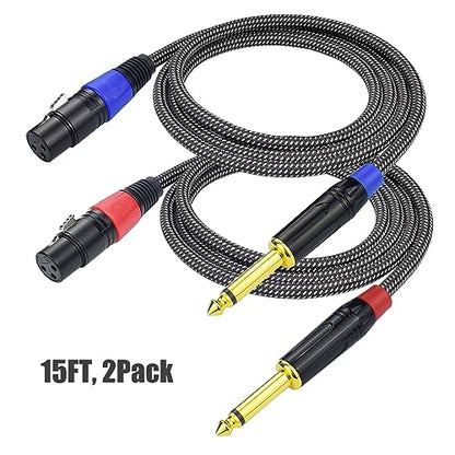 Unbalanced 1/4" TS Mono to XLR Female Microphone Cable, 15Feet 6.35mm Quarter inch to XLR Audio Patch Cord, Nylon Braided Heavy Duty, Copper Shielded Noise Free, for Speaker Mixer Interface - size: 15Feet, 2Pack