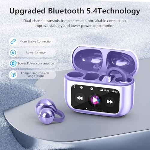 Open Ear Bone conduction Headphones Bluetooth 5.4 Wireless Clip On Earbuds with Digital Display Charging Case 40 Hours Playtime Sport Earphones Built-in Mic IPX7 Waterproof for Running Fitness Purple - color: Purple