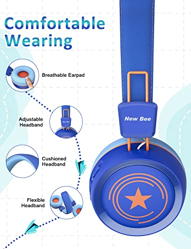 New Bee Kids Bluetooth Headphone with Microphone Bluetooth 5.0 Wireless Kids Headphones with 32H Playtime/94dB Volume Limited On Ear Headphones for School/Girls/Boys/iPad/Fire Tablet(Blue) - color: Blue, size: wireless