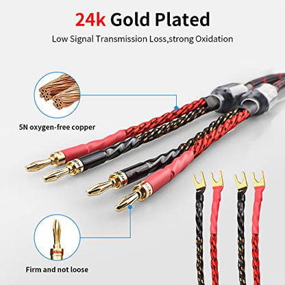 Tertullus 1 Pair HiFi 2.5m/8.20ft OFC Speaker Cable with Banana to Spade Plugs, 4 Banana to 4 Spade Plugs for Speaker Amplifier, Home Theater, Concerts, KTV - size: 2.5m/8.20ft