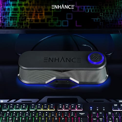 ENHANCE SB1 Computer Speakers High Excursion Soundbar - USB Powered Computer Sound Bar, Under Monitor Speaker with 10W Peak, LED Volume Control Knob, Headset Pass Through, Gaming Soundbar for PC - color: Blue