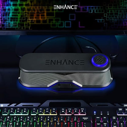 ENHANCE SB1 Computer Speakers High Excursion Soundbar - USB Powered Computer Sound Bar, Under Monitor Speaker with 10W Peak, LED Volume Control Knob, Headset Pass Through, Gaming Soundbar for PC - color: Blue