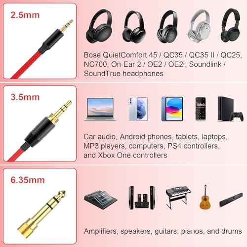Alitutumao QC45 Coiled Headphones Audio Cable, 2.5mm to 3.5mm Aux Cord Compatible with Bose Quietcomfort QC45 QC35 NC700 On-Ear 2/OE2i/Soundtrue/Soundlink Headphones with 6.35mm Adapter, Red (4-16FT)
