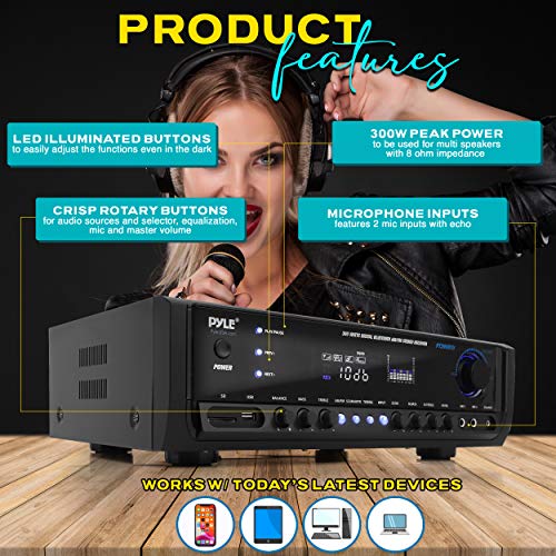 Pyle Wireless Bluetooth Home Amplifier- Connectivity Power Off Distant Devices, Input/Output Devices, Connectors/Jacks, Sound System Controls for Audio/Radio & Display Design - PT390BTU.3
