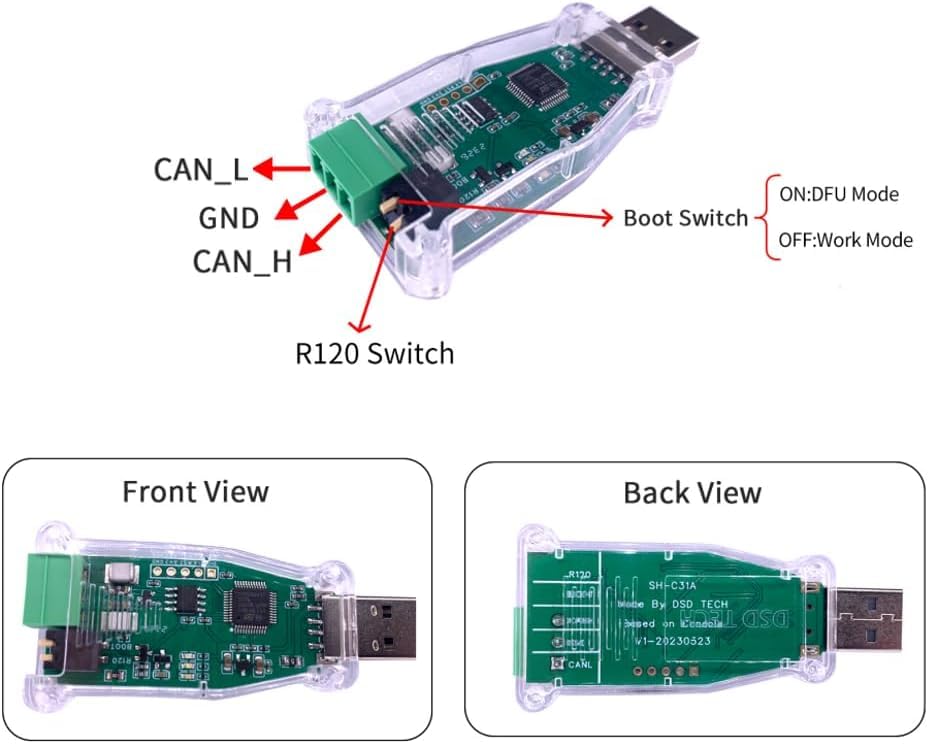 DSD TECH SH-C31A USB to CAN Adapter with FD Support Based on Canable 2.0 - style: Non-Isolated