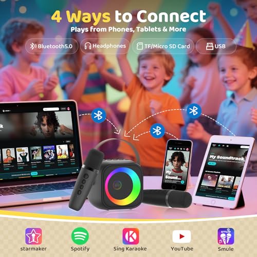 Mini Karaoke Machine, Portable Bluetooth Karaoke Speaker with 2 Wireless Microphones, Singing Machine with Party Lights for Kids and Adults, Birthday Gifts for Girls Boys Family Home Party - color: Black 2 Mics