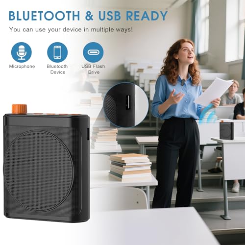 15W Wireless Voice Amplifier with 2 Magnetic Lavalier Mics & Noise Reduction - Bluetooth 5.3 PA System for Teachers, Tour Guide, Yoga - 15H Rechargeable Battery, Waist-Mount Design (Black)
