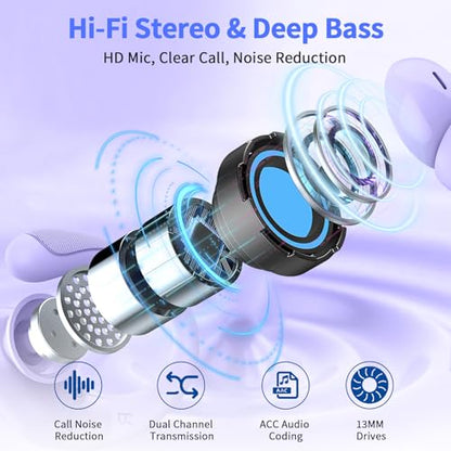 Wireless Earbuds, 2026 Bluetooth 5.4 Headphones, ENC Noise Canceling Mic | 60Hrs+ Stereo Wireless Headphones, IP7 Waterproof Bluetooth Earbuds, Sport Earhooks, Dual LED Display, for Workout, Running - color: comb purple