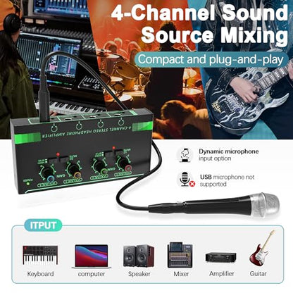 HOSONGIN 4 Channel Headphone Amplifier, Portable Mini Earphone Splitter with Independent Volume Control, Low Noise Stereo Output, Compatible with 1/4" & 1/8" TS/TRS, Ideal for Studio Stage