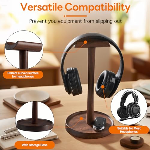 Wood Headphone Stand Headset Stand for Deak Universal Headphone Holder with Storgae Base Handcrafted Desk Organizer for Gaming Headsets(Black Walnut)