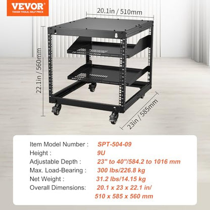 VEVOR 9U Open Frame Server Rack, 23''-40'' Adjustable Depth, Free Standing or Wall Mount Network Server Rack, 4 Post AV Rack with Casters, Holds All Your Networking IT Equipment AV Gear Router Modem - size: 9U