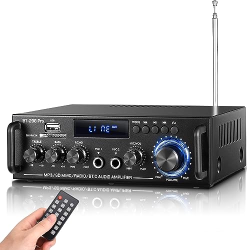 298Pro Stereo Audio Amplifier, MIC in w/Echo, Bass & Treble w/USB/RCA/FM | Max 400W Home 2 Channel Bluetooth 5.0 Wireless Power Amplifier, HiFi Sound Home Theater Audio System Home Stereo Receiver - style: MAX 400Wx2