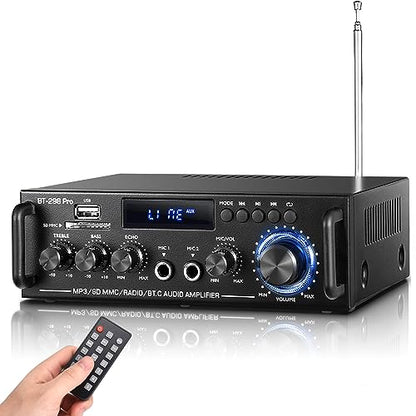 298Pro Stereo Audio Amplifier, MIC in w/Echo, Bass & Treble w/USB/RCA/FM | Max 400W Home 2 Channel Bluetooth 5.0 Wireless Power Amplifier, HiFi Sound Home Theater Audio System Home Stereo Receiver - style: MAX 400Wx2