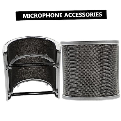 Microphone Pop Filter Silver Metal Mesh Screen for Singing Use | Elastic Band and Inner Rubber Ring, Layered Plastic Cotton Metal Build, Easy to Assemble, Suited to Speech
