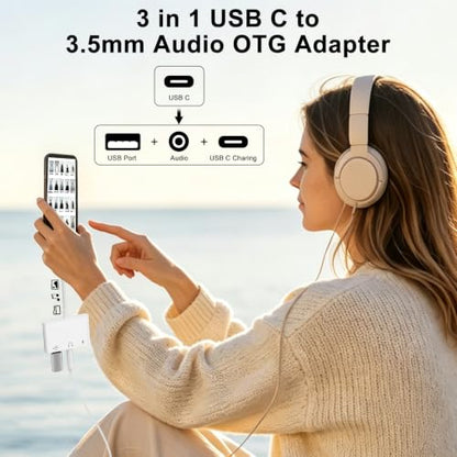 USB C to 3.5mm Audio OTG Adapter with 60W PD Fast Charging | 3 in 1 USB C headphone Splitter for iPhone 17/16/15 Sam-sung Galaxy S25/S24/S23 Ultra S21/S20 iPad Pro Laptops