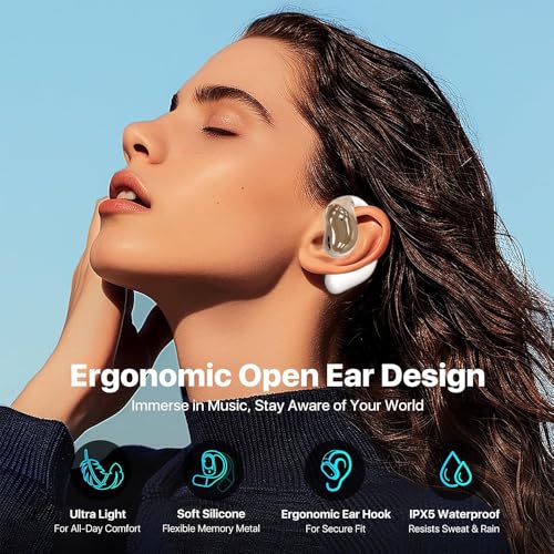 Open Ear Earbuds Ultra Comfort Wireless Bluetooth 5.4 Headphones Over The Ear Earbuds with Intelligent Touch Screen EarHooks IPX7 Waterproof Bone Conduction Earphones for Fitness Sports-OFF WHITE - color: OFF WHITE