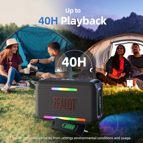 ZEALOT 120W RMS(150W Peak) Bluetooth Speaker, Portable Wireless Speakers IPX6 Waterproof Loud Bluetooth Subwoofer Speaker with LED Light, 40H Playtime, Custom EQ, Stereo TWS Pairing for Outdoor, Party - color: Black