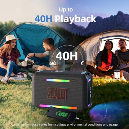 ZEALOT 120W RMS(150W Peak) Bluetooth Speaker, Portable Wireless Speakers IPX6 Waterproof Loud Bluetooth Subwoofer Speaker with LED Light, 40H Playtime, Custom EQ, Stereo TWS Pairing for Outdoor, Party - color: Black