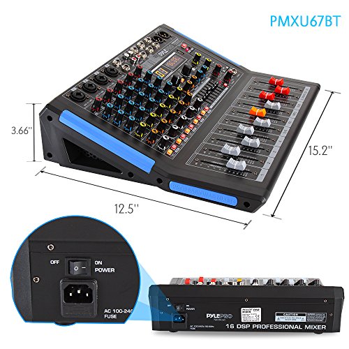 Pyle 6-Channel Console Style Audio Mixer with Bluetooth - DJ Sound Controller, 4 XLR / Combo Inputs, Sub Out, +48V Phantom, USB-A In, 16 DSP Effects, MP3 Player, 7-Band EQ - PMXU67BT - style: 6 Channel Pro