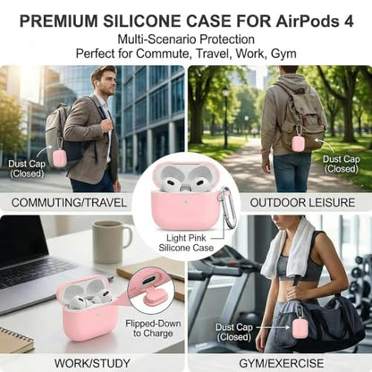 Silicone Case Cover for AirPods 4th Gen, Soft Skin, Full Protection, Keychain, Cleaner Kit (Pink) - color: A4-Pink