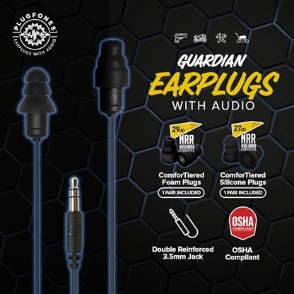 Plugfones Guardian Earplug Headphones - OSHA Compliant Noise-Reducing in-Ear Headphones with Hearing Protection - Wired Hybrid Design for Work and Travel - Includes Silicone & Foam Earplugs - Black - color: Black
