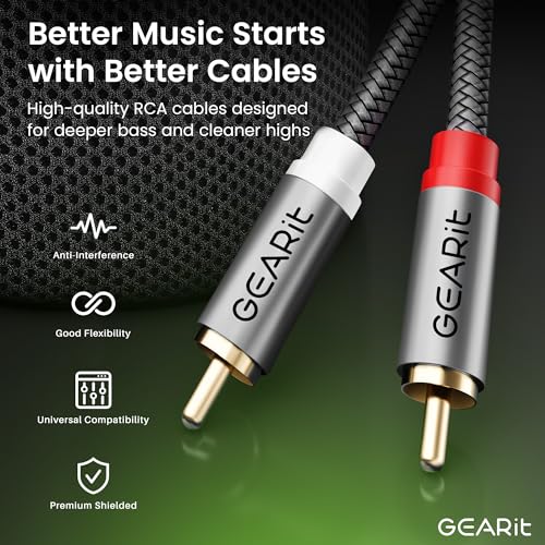 GEARit RCA Cables Car Audio 20ft, Oxygen Free Copper RCA Cables with Dual Shielding & Gold-Plated Connectors, Audio Cable for Subwoofer Cable, Hi-Fi System, Amplifier, Active Speakers, Gaming Consoles - size: 20 Feet