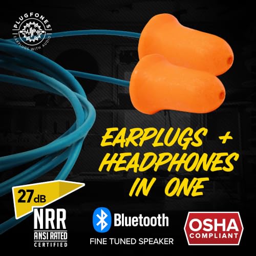 Plugfones Basic Pro Bluetooth Earplug Headphones for Work, OSHA Compliant | 25dB NRR Hearing Protection Earplugs, Wireless Safety Earbuds, Noise Isolating Mic, Construction, Warehouse, Blue & Yellow - color: Blue, Orange