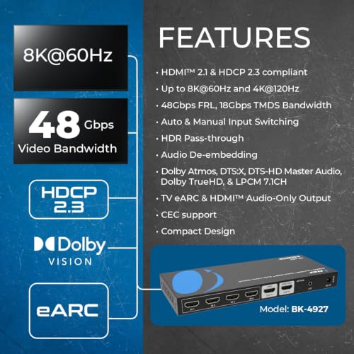 OREI 8K 4-Port HDMI Switch, HDMI Audio, 3.5mm, Optical, Dolby Atmos, DTS:X