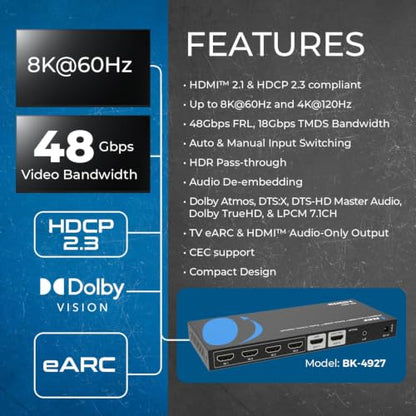 OREI 8K 4-Port HDMI Switch, HDMI Audio, 3.5mm, Optical, Dolby Atmos, DTS:X