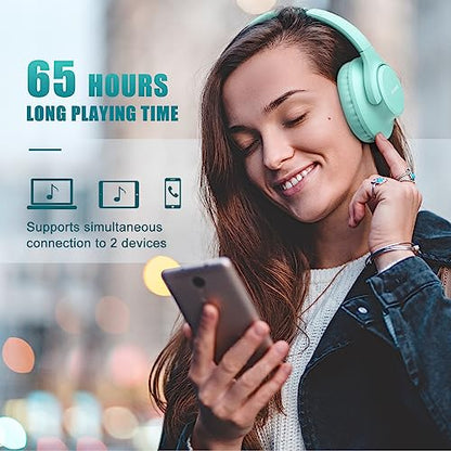 KVIDIO Bluetooth Headphones Over Ear, 65 Hours Playtime Wireless Headphones with Microphone, Foldable Lightweight Headset with Deep Bass, HiFi Stereo Sound Low Latency for Travel Work Cellphone - color: Green
