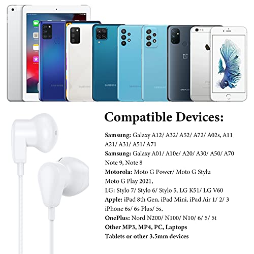 3.5mm Wired Earbuds Earphones for Samsung Galaxy A15 A14 A13 A12 A11 A20 S9 | Wired Headphones with Mic, HiFi Stereo Earphones for iPhone/iPod/MP3/MP4/Computer/Laptop/Android/Kids/School Student, White