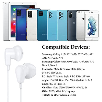 3.5mm Wired Earbuds Earphones for Samsung Galaxy A15 A14 A13 A12 A11 A20 S9 | Wired Headphones with Mic, HiFi Stereo Earphones for iPhone/iPod/MP3/MP4/Computer/Laptop/Android/Kids/School Student, White