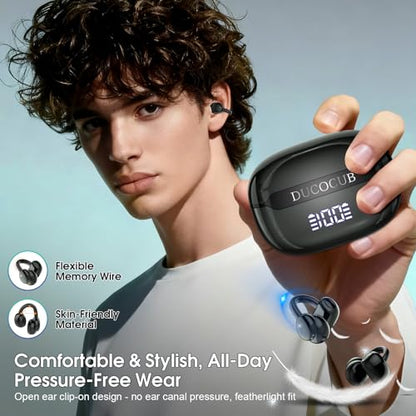 Open Ear Earbuds Wireless Clip on Headphones Bluetooth 5.4 Ear Buds with DNN Noise Cancelling, 48H Playtime, Low Latency, Fashion Design, Secure Fit, Clear Sound for Music & Calls - color: Obsidian